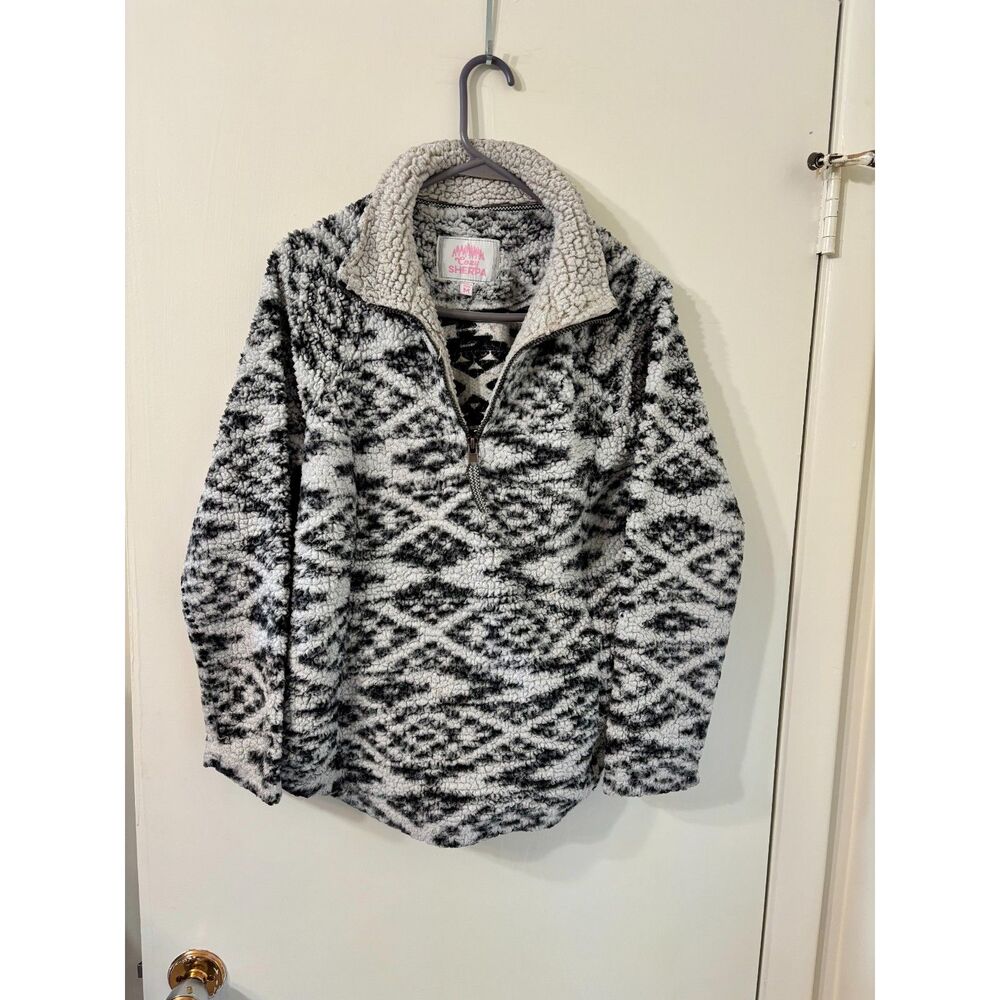 Cozy Sherpa W Medium Teddy Nubby Knit Aztec Print Warm & Bouncy 1/4 Zip Jacket